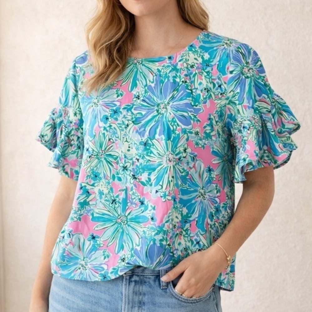 Lilly Pulitzer Darlah Lileeze Soleil Pink Floral Ruffle Sleeve Blouse
